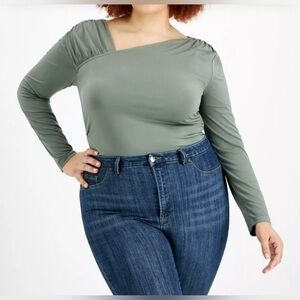 Nina Parker Trendy Women's Plus Size 1X Asymmetrical Bodysuit Green